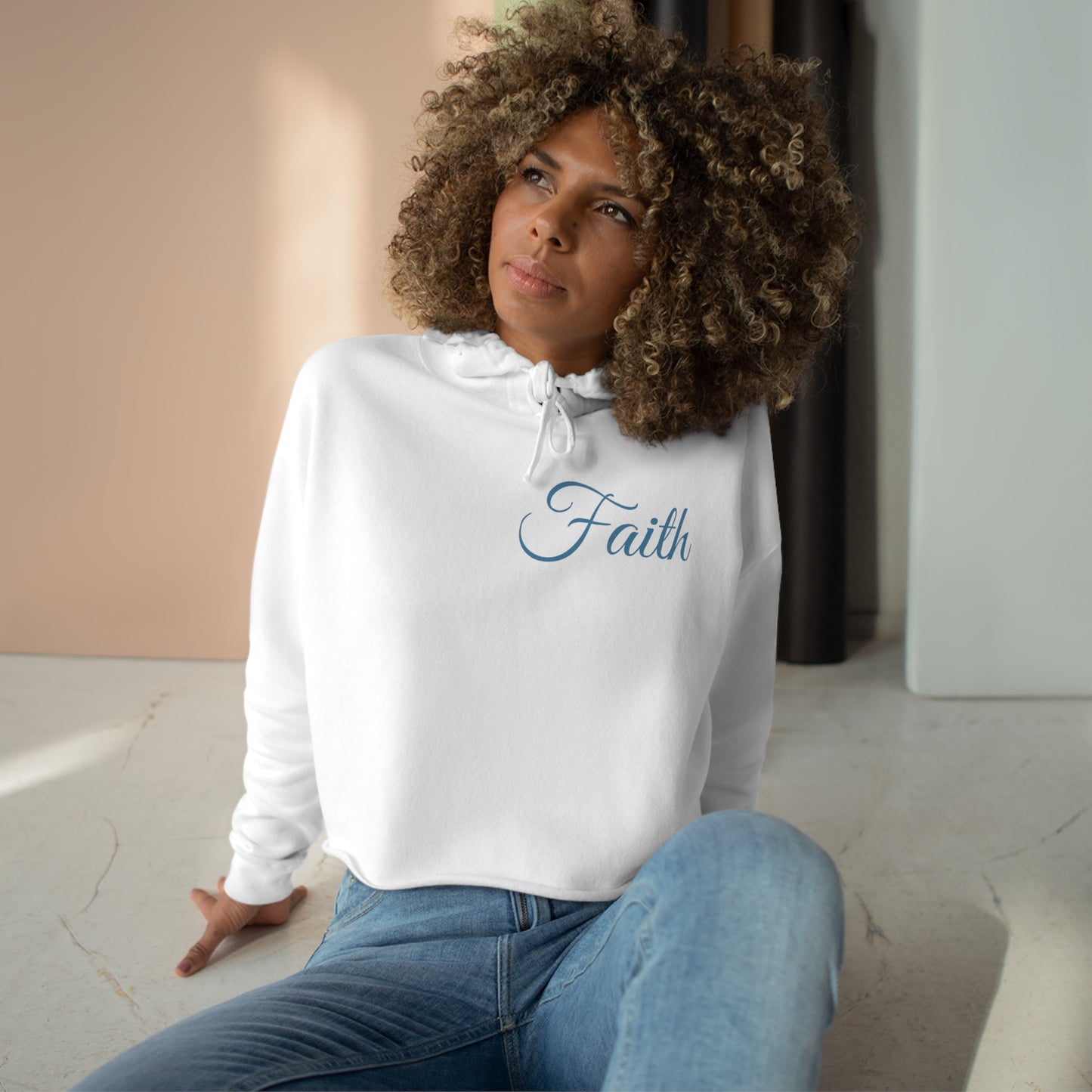 Faith Crop Hoodie w/dusty blue lettering