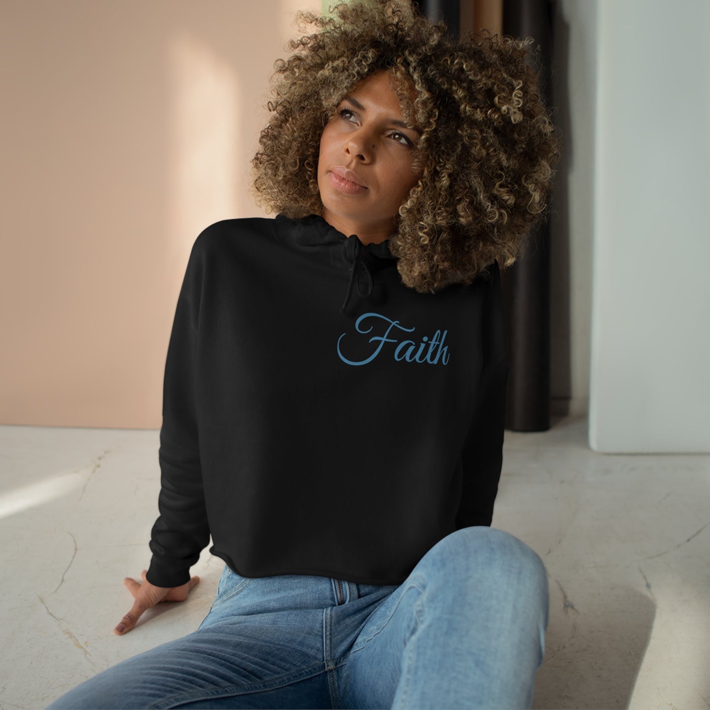 Faith Crop Hoodie w/dusty blue lettering